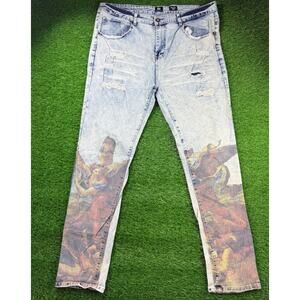 Bleecker & Mercer Mens Jeans 40x34 Slim Fit Angel Print Distressed Denim Pants
